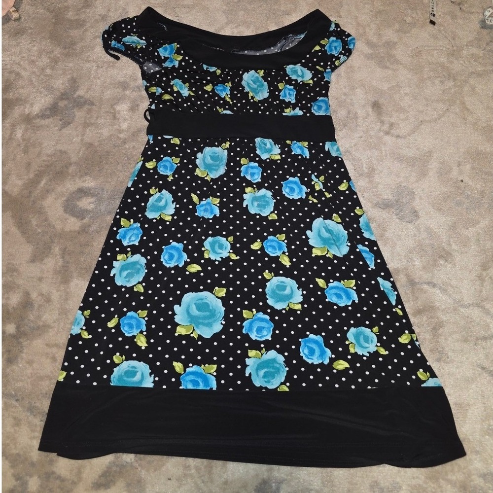 Wrapper Y2K Black Blue Floral Polka Dot Stretch Babydoll Dress S/M